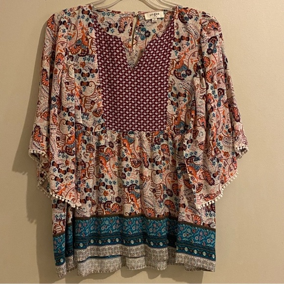 Umgee Womens Multicolor Babydoll Mixed Pattern Tassel Short Sleeve Top - Picture 1 of 11